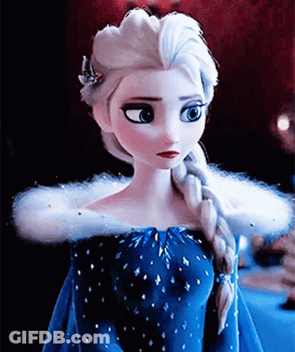 A Close Up Of Elsa From Frozen Wearing A Blue Dress With Snowflakes On It GIF