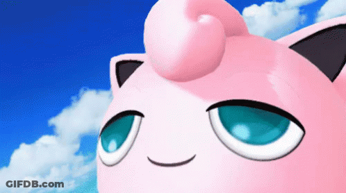 A Close Up Of Jigglypuff 'S Face Against A Blue Sky With Clouds GIF