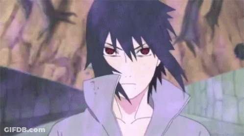 A Close Up Of Sasuke Uchiha From Naruto With Red Eyes And A Purple Jacket . GIF