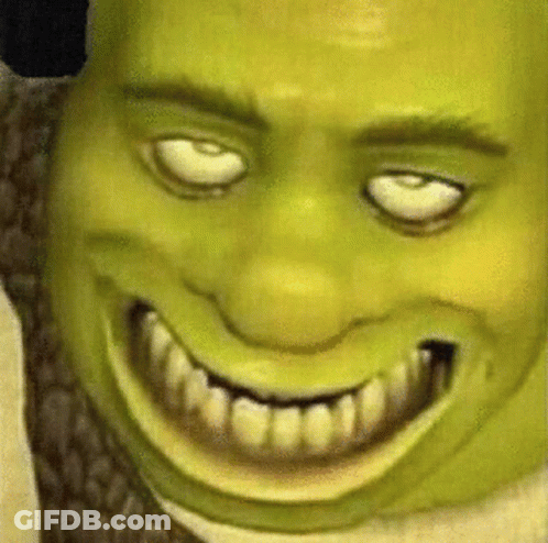 A Close Up Of Shrek 'S Face With White Eyes And A Big Smile GIF