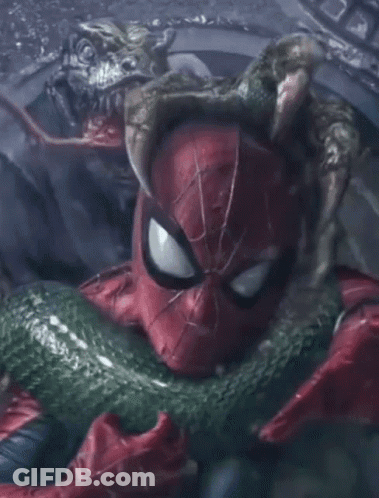 A Close Up Of Spider Man Holding A Snake In His Hands GIF