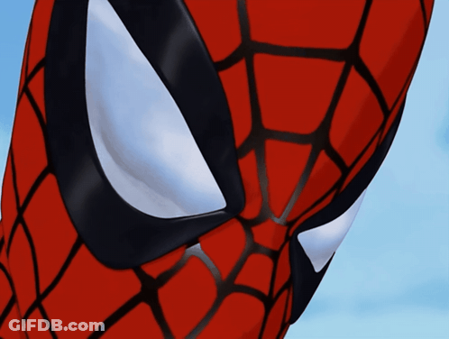 A Close Up Of Spider Man 'S Face With A Blue Sky In The Background GIF