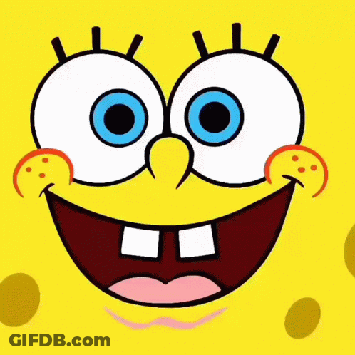 A Close Up Of Spongebob 'S Face With Blue Eyes And White Teeth GIF