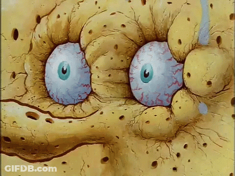 A Close Up Of Spongebob 'S Face With Holes In It And Blue Eyes GIF