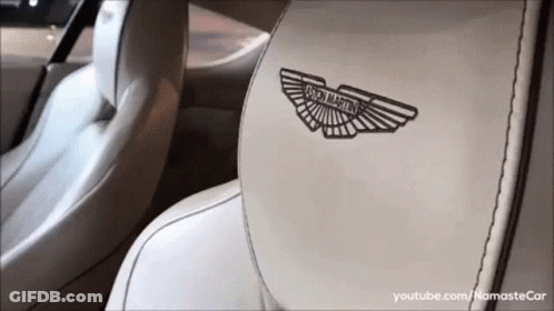 A Close Up Of The Back Seat Of A Car With The Aston Martin Logo On It GIF