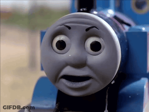 A Close Up Of Thomas The Train 'S Face With A Surprised Look On It 'S Face GIF