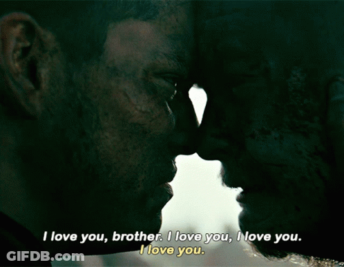 A Close Up Of Two Men Kissing With The Words " I Love You Brother I Love You I Love You " Below Them GIF