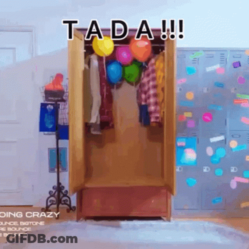 A Closet Filled With Clothes And Balloons With The Words " Ta Da " Written On It GIF