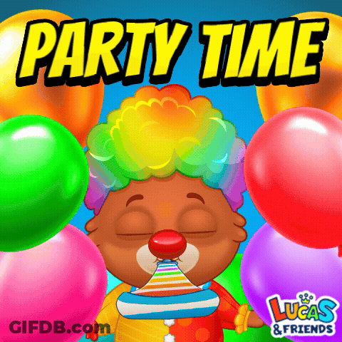 A Clown Blowing A Party Horn Surrounded By Balloons And The Words Party Time GIF