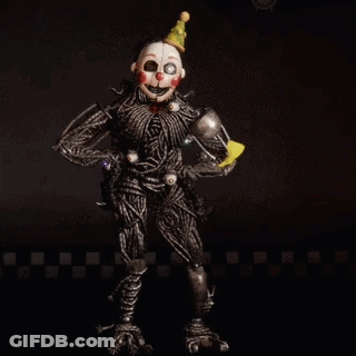 A Clown From Five Nights At Freddy 'S Is Standing In A Dark Room Holding A Balloon . GIF