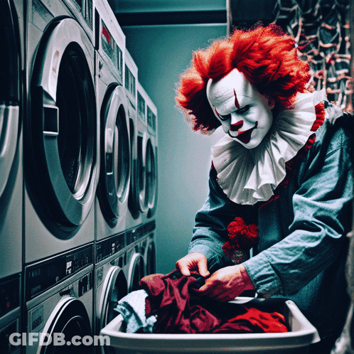 A Clown Is Doing Laundry In A Laundromat With A Row Of Washers GIF