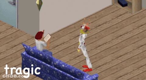 A Clown Is Standing In Front Of A Person Reading A Book And The Word Tragic Is On The Bottom Right GIF