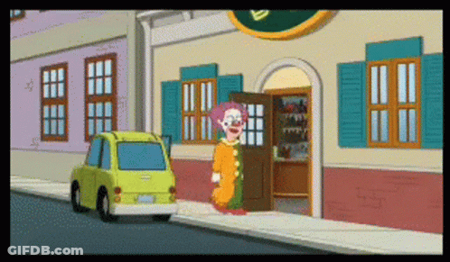 A Clown Is Standing In Front Of A Store GIF