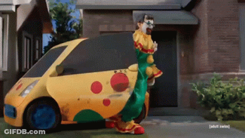 A Clown Is Standing Next To A Yellow Car That Says Adult Swim On The Side GIF