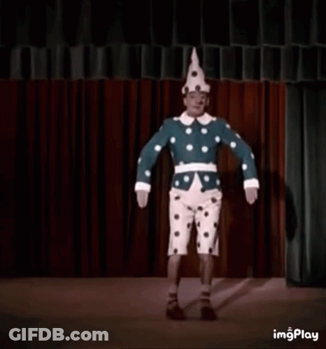 A Clown Is Wearing A Polka Dot Hat And A Blue And White Polka Dot Jacket . GIF