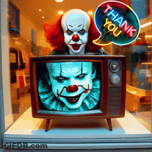 A Clown On A Television With A Thank You Sign GIF