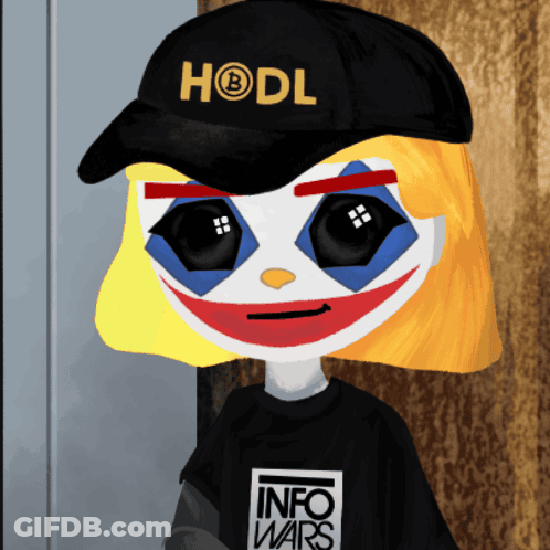 A Clown Wearing A Hodl Hat And A Info Wars Shirt GIF