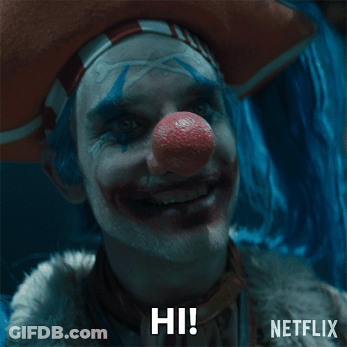 A Clown With A Red Nose Is Smiling And Says Hi On The Bottom GIF