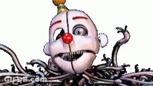 A Clown With A Red Nose Is Surrounded By A Bunch Of Wires And Is Looking At The Camera . GIF