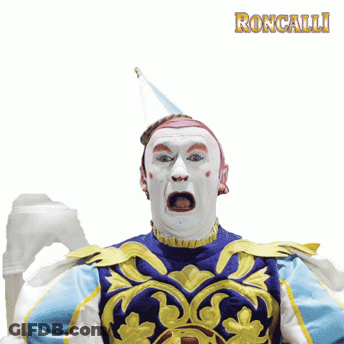 A Clown With A Surprised Look On His Face And The Word Roncalli Behind Him GIF