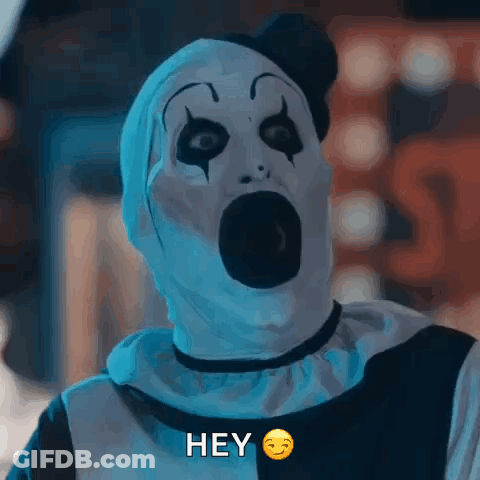 A Clown With A Surprised Look On His Face Is Saying " Hey " GIF