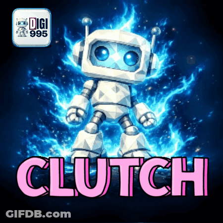 A Clutch Logo With A Robot And The Word Clutch Below It GIF