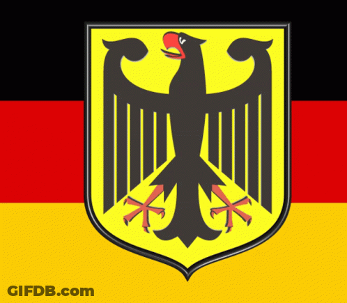 A Coat Of Arms With A Black Eagle On A Yellow Background GIF