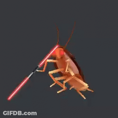 A Cockroach Is Holding A Red Light Saber In Its Hand . GIF