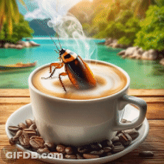 A Cockroach Is Sitting On Top Of A Cup Of Coffee On A Saucer GIF