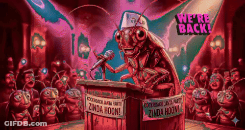A Cockroach Speaking Into A Microphone In Front Of A Crowd Of Cockroaches With A Sign That Says Zinda Hoon GIF