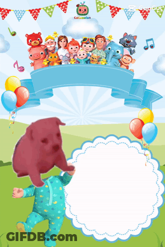 A Cocomelon Poster With A Baby And Balloons GIF