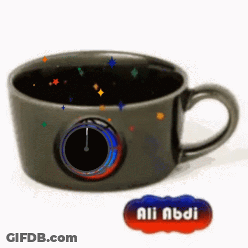 A Coffee Cup With A Clock On It And The Name Ali Abdi Below It GIF
