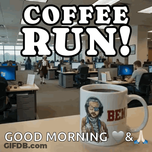 A Coffee Mug With Ben On It Sits On A Table GIF