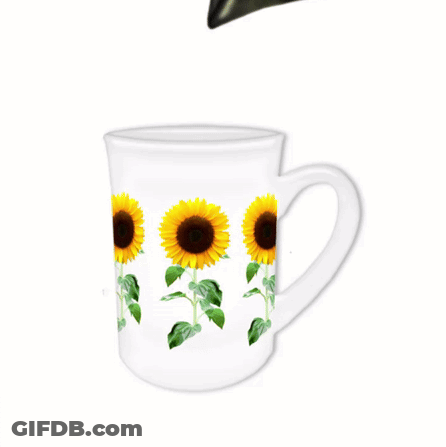 A Coffee Mug With Sunflowers On It And The Words Coffee Coffee More Coffee Below It GIF