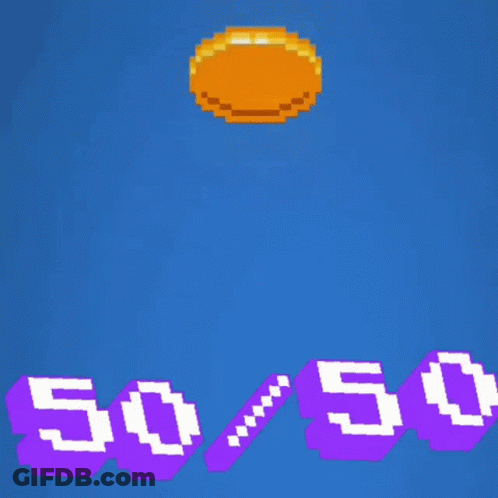 A Coin Is Being Thrown In The Air With The Numbers 50 And 50 Next To It GIF