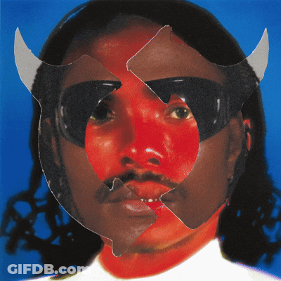 A Collage Of A Man 'S Face With Horns And A Red Center GIF
