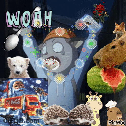 A Collage Of Animals And A Coca Cola Truck GIF