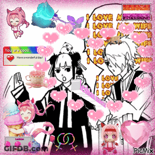 A Collage Of Anime Characters With Pink Hearts And The Words " You Are Cool " GIF