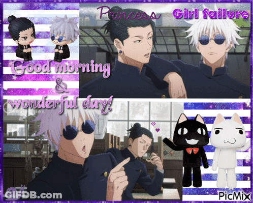 A Collage Of Anime Characters With The Words " Good Morning And Wonderful Day " GIF