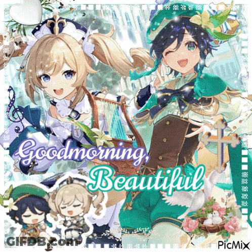 A Collage Of Anime Characters With The Words " Good Morning Beautiful " On The Bottom GIF
