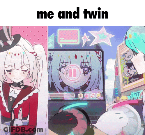 A Collage Of Anime Characters With The Words Me And Twin GIF