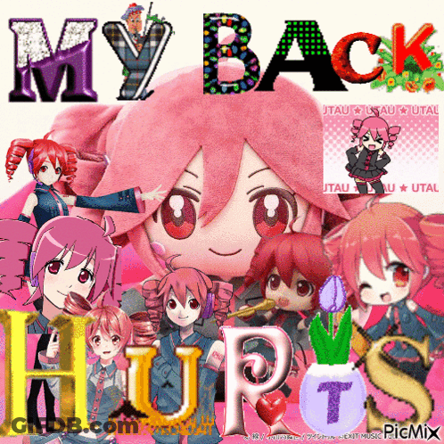 A Collage Of Anime Characters With The Words " My Back " In The Middle GIF
