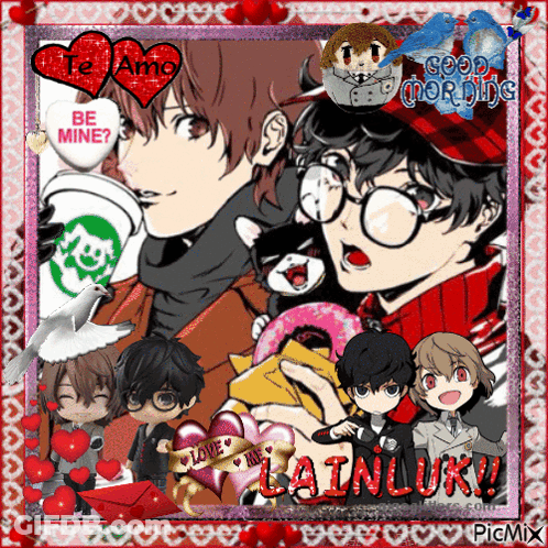 A Collage Of Anime Characters With The Words Te Amo Be Mine On Top GIF