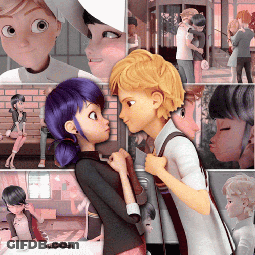 A Collage Of Cartoon Characters Including A Boy And A Girl Standing Next To Each Other GIF