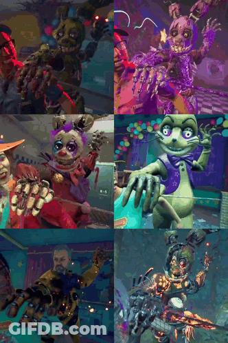 A Collage Of Cartoon Characters Including A Clown A Cat And A Robot GIF