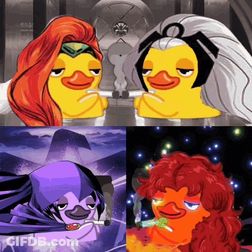 A Collage Of Cartoon Characters Including A Duck With Red Hair GIF