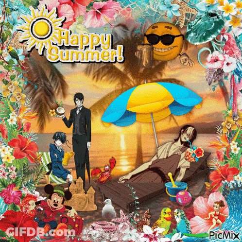 A Collage Of Cartoon Characters On A Beach With The Words Happy Summer GIF
