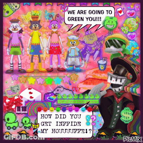 A Collage Of Cartoon Characters Says We Are Going To Green You !!! GIF
