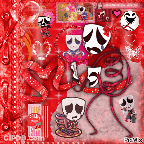 A Collage Of Cartoon Characters With A Pocky Box In The Corner GIF