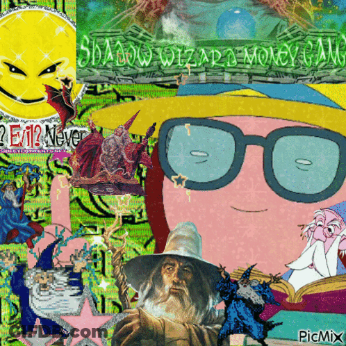 A Collage Of Cartoon Characters With A Sign That Says Shadow Wizard GIF
